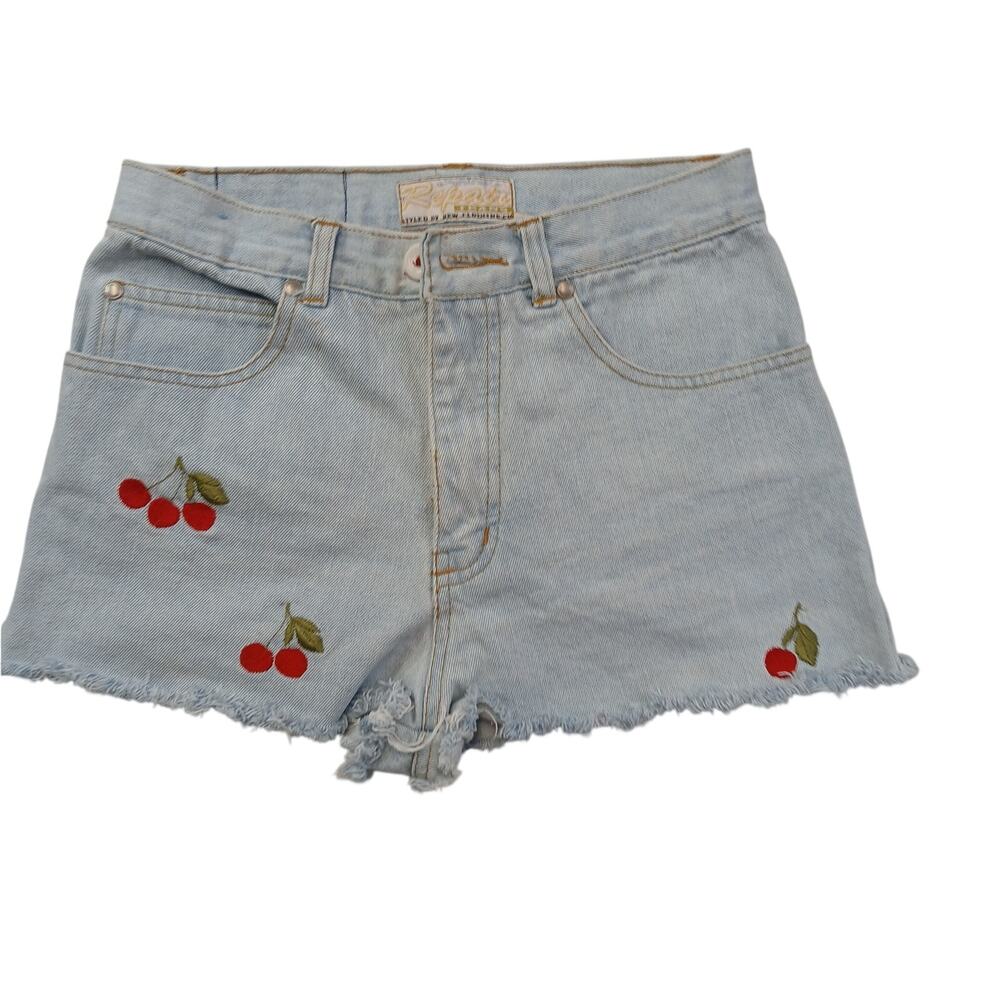 Vintage Embroidered Cherry High Waist Cutoff Denim Shorts 3/4